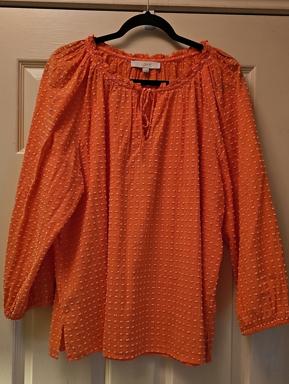 LOFT Orange Peasant-Style Blouse with Textured Dot Detail